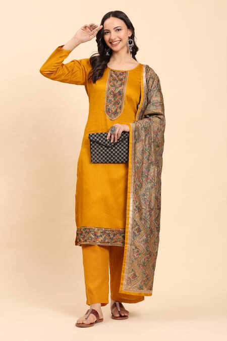 Shop_Mamicha_Yellow Cotton Sequins, Embroidery Round Neck Mustard Kurta Palazzo Set_Online_at_Aza_Fashions