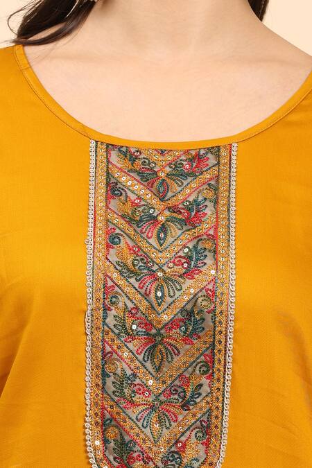 Mamicha_Yellow Cotton Sequins, Embroidery Round Neck Mustard Kurta Palazzo Set_at_Aza_Fashions