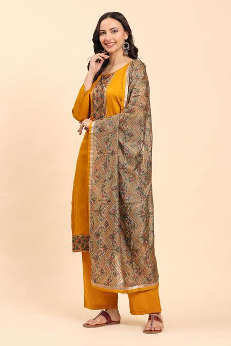 Buy_Mamicha_Yellow Cotton Sequins, Embroidery Round Neck Mustard Kurta Palazzo Set