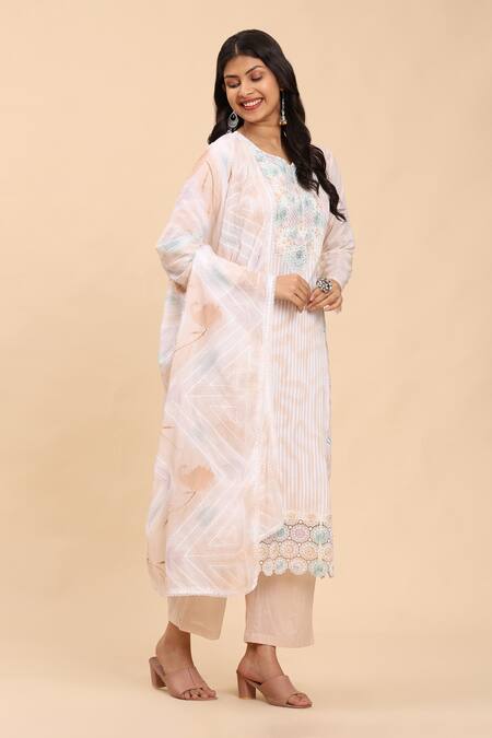 Mamicha_Beige Cotton Embroidery Round Neck Floral Kurta Palazzo Set_Online_at_Aza_Fashions