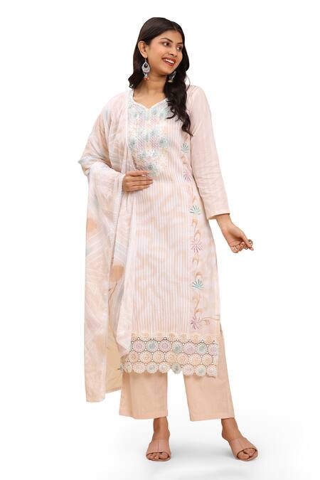 Buy_Mamicha_Beige Cotton Embroidery Round Neck Floral Kurta Palazzo Set_Online_at_Aza_Fashions