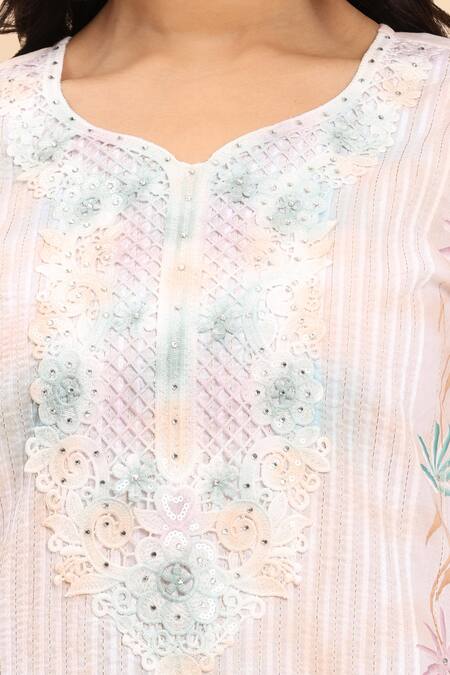 Mamicha_Beige Cotton Embroidery Round Neck Floral Kurta Palazzo Set_at_Aza_Fashions