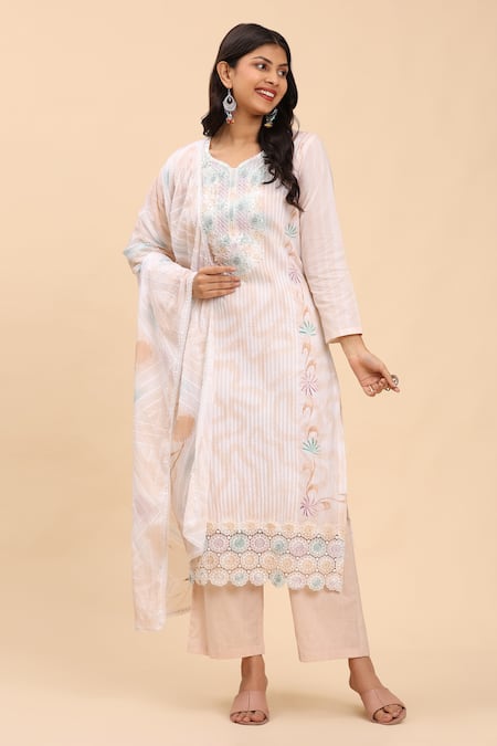 Mamicha Beige Cotton Embroidery Round Neck Floral Kurta Palazzo Set 