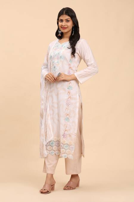 Shop_Mamicha_Beige Cotton Embroidery Round Neck Floral Kurta Palazzo Set