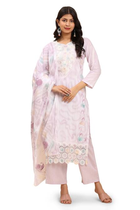 Mamicha_Purple Cotton Embroidery Round Neck Floral Stripe Kurta Palazzo Set_Online_at_Aza_Fashions