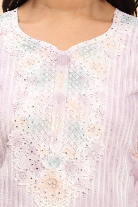 Buy_Mamicha_Purple Cotton Embroidery Round Neck Floral Stripe Kurta Palazzo Set_Online_at_Aza_Fashions