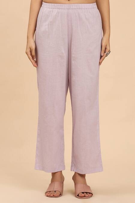 Shop_Mamicha_Purple Cotton Embroidery Round Neck Floral Stripe Kurta Palazzo Set_Online_at_Aza_Fashions