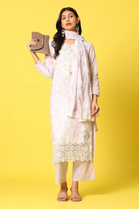 Mamicha_Purple Cotton Embroidery Round Neck Floral Stripe Kurta Palazzo Set_at_Aza_Fashions