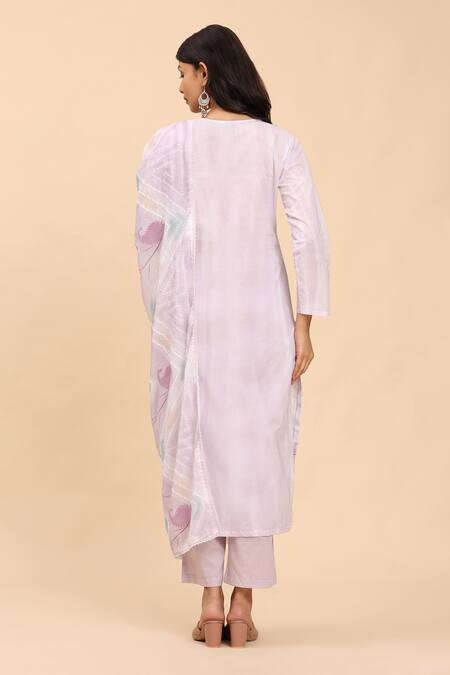 Shop_Mamicha_Purple Cotton Embroidery Round Neck Floral Stripe Kurta Palazzo Set_at_Aza_Fashions