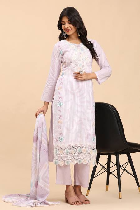 Buy_Mamicha_Purple Cotton Embroidery Round Neck Floral Stripe Kurta Palazzo Set