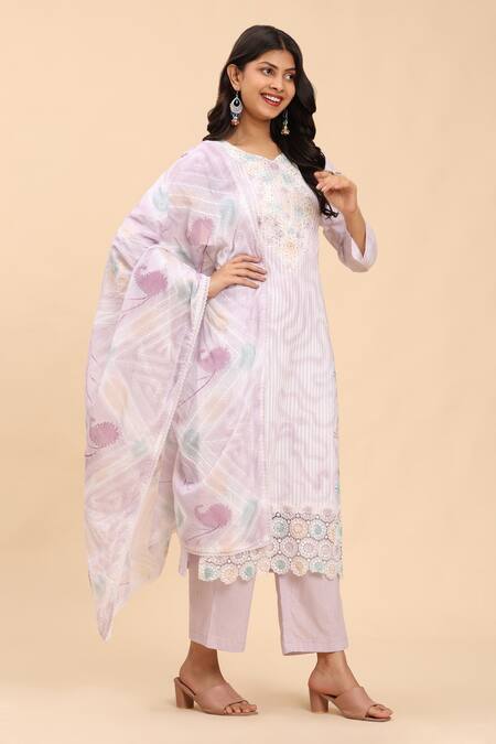Shop_Mamicha_Purple Cotton Embroidery Round Neck Floral Stripe Kurta Palazzo Set