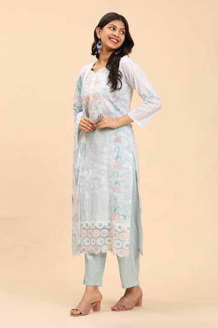 Mamicha_Green Cotton Embroidery Round Neck Floral Kurta Palazzo Set _Online_at_Aza_Fashions