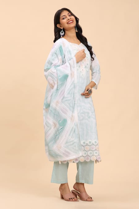 Shop_Mamicha_Green Cotton Embroidery Round Neck Floral Kurta Palazzo Set _Online_at_Aza_Fashions