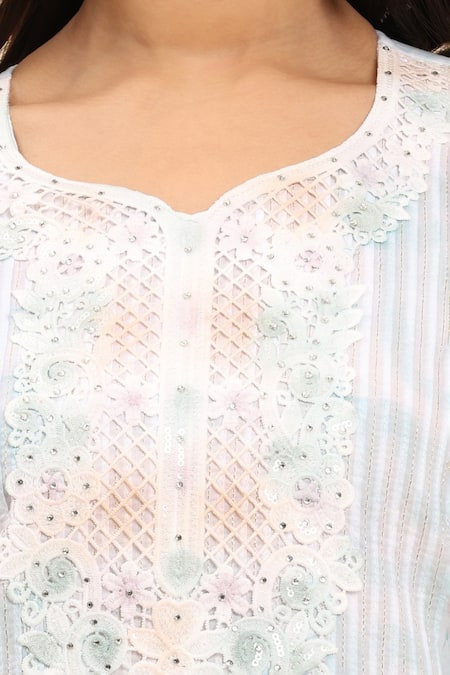 Buy_Mamicha_Green Cotton Embroidery Round Neck Floral Kurta Palazzo Set 