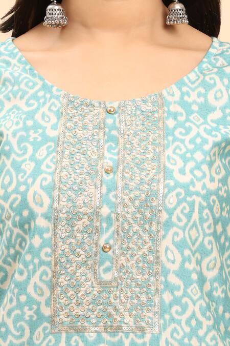 Buy_Mamicha_Blue Cotton Round Neck Paisley Embroidered Kurta Set With Dupatta_Online_at_Aza_Fashions