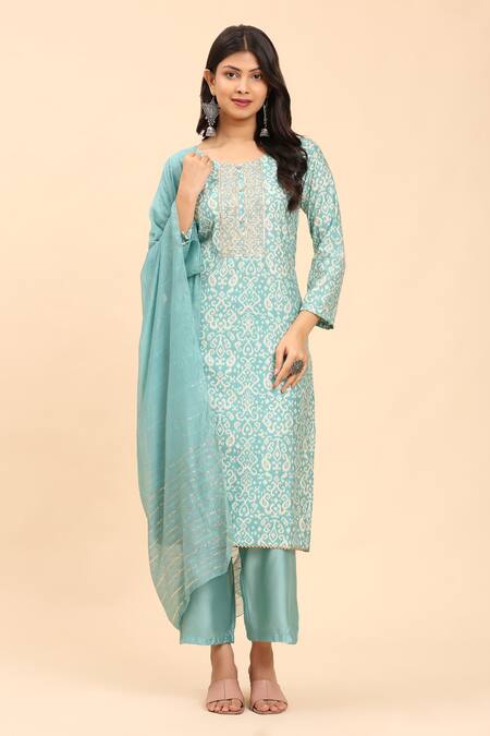 Shop_Mamicha_Blue Cotton Round Neck Paisley Embroidered Kurta Set With Dupatta_Online_at_Aza_Fashions