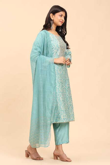 Buy_Mamicha_Blue Cotton Round Neck Paisley Embroidered Kurta Set With Dupatta