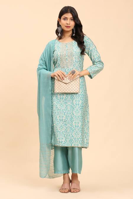 Shop_Mamicha_Blue Cotton Round Neck Paisley Embroidered Kurta Set With Dupatta