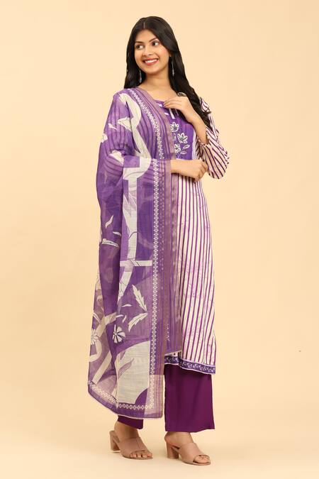 Mamicha Purple Cotton Embroidery Round Neck Yoke Stripe Print Kurta Set Online at Aza Fashions Mamicha_Purple Cotton Embroidery Round Neck Yoke Stripe Print Kurta Set_Online_at_Aza_Fashions