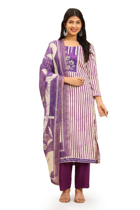 Buy Mamicha Purple Cotton Embroidery Round Neck Yoke Stripe Print Kurta Set Online at Aza Fashions Buy_Mamicha_Purple Cotton Embroidery Round Neck Yoke Stripe Print Kurta Set_Online_at_Aza_Fashions