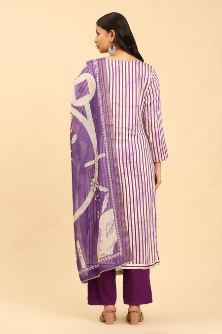 Shop Mamicha Purple Cotton Embroidery Round Neck Yoke Stripe Print Kurta Set at Aza Fashions Shop_Mamicha_Purple Cotton Embroidery Round Neck Yoke Stripe Print Kurta Set_at_Aza_Fashions