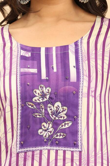 Shop Mamicha Purple Cotton Embroidery Round Neck Yoke Stripe Print Kurta Set Online at Aza Fashions Shop_Mamicha_Purple Cotton Embroidery Round Neck Yoke Stripe Print Kurta Set_Online_at_Aza_Fashions