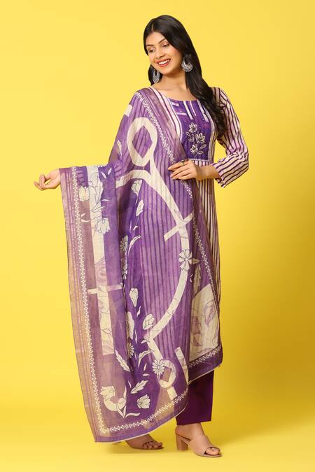 Buy Mamicha Purple Cotton Embroidery Round Neck Yoke Stripe Print Kurta Set Buy_Mamicha_Purple Cotton Embroidery Round Neck Yoke Stripe Print Kurta Set