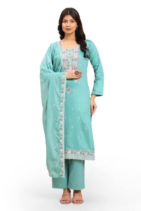 Buy_Mamicha_Green Cotton Beads, Embroidery Round Neck Thread And Kurta Set_Online_at_Aza_Fashions