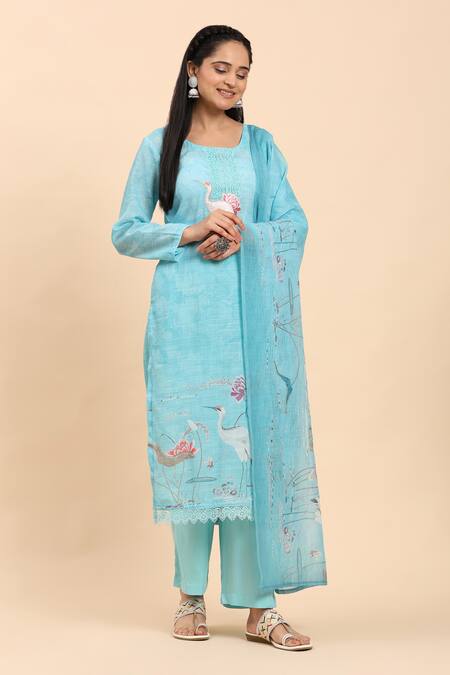 Shop_Mamicha_Blue Cotton Embroidery Round Neck Bird Motif Kurta Set_Online_at_Aza_Fashions