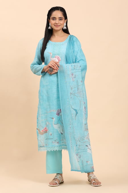 Mamicha_Blue Cotton Embroidery Round Neck Bird Motif Kurta Set_at_Aza_Fashions