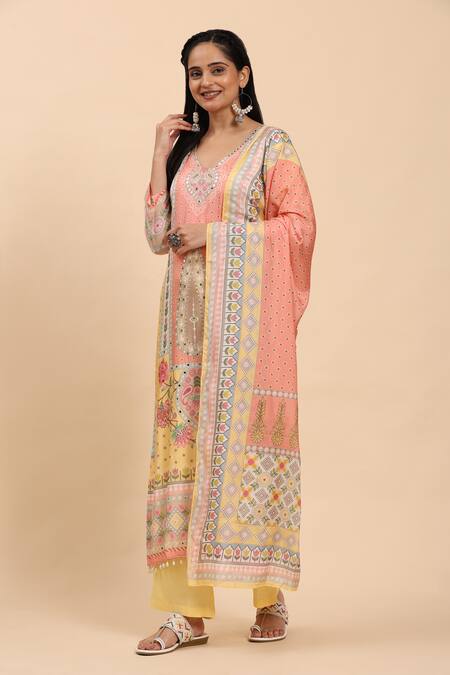 Mamicha_Yellow Cotton Pearls, Tassels V-neck Floral Embroidered Kurta Palazzo Set_Online_at_Aza_Fashions