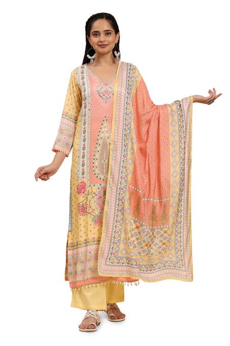 Shop_Mamicha_Yellow Cotton Pearls, Tassels V-neck Floral Embroidered Kurta Palazzo Set_Online_at_Aza_Fashions