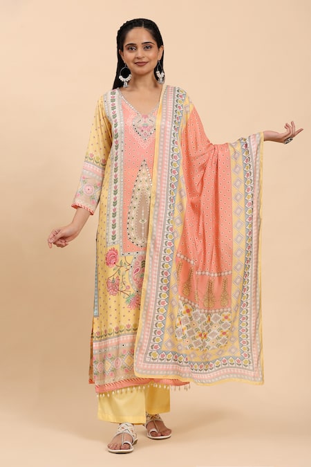 Mamicha_Yellow Cotton Pearls, Tassels V-neck Floral Embroidered Kurta Palazzo Set_at_Aza_Fashions