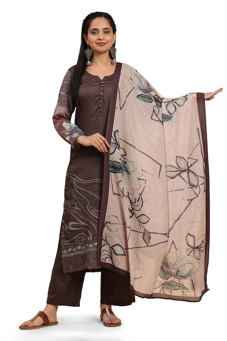 Shop Mamicha Brown Cotton Abstract Floral Kurta Palazzo Set Online at Aza Fashions Shop_Mamicha_Brown Cotton Abstract Floral Kurta Palazzo Set_Online_at_Aza_Fashions