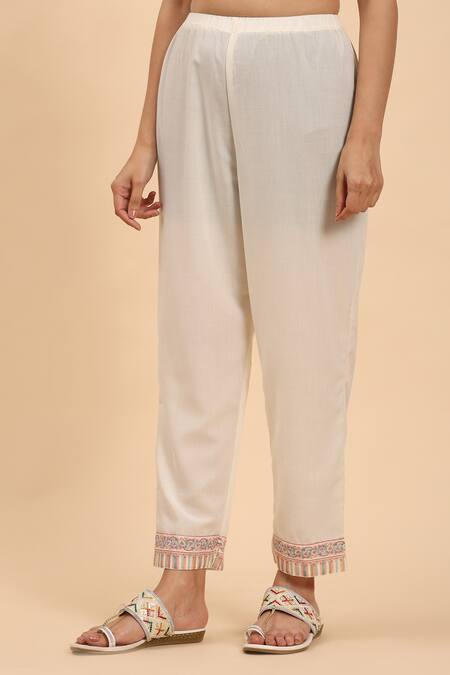 Mamicha Off White Cotton Embroidery Round Neck Paisley Floral Kurta Palazzo Set Online at Aza Fashions Mamicha_Off White Cotton Embroidery Round Neck Paisley Floral Kurta Palazzo Set_Online_at_Aza_Fashions