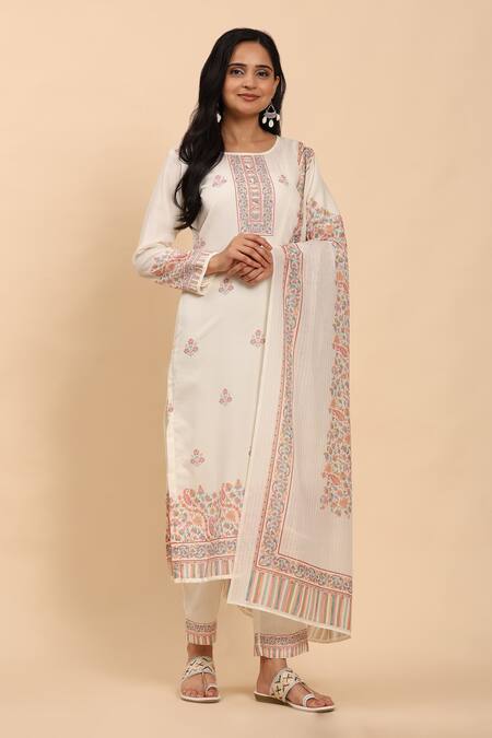Buy Mamicha Off White Cotton Embroidery Round Neck Paisley Floral Kurta Palazzo Set Online at Aza Fashions Buy_Mamicha_Off White Cotton Embroidery Round Neck Paisley Floral Kurta Palazzo Set_Online_at_Aza_Fashions