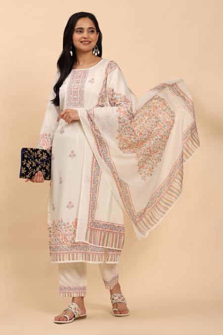 Shop Mamicha Off White Cotton Embroidery Round Neck Paisley Floral Kurta Palazzo Set Online at Aza Fashions Shop_Mamicha_Off White Cotton Embroidery Round Neck Paisley Floral Kurta Palazzo Set_Online_at_Aza_Fashions