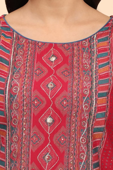 Shop Mamicha Red Cotton Zari Round Neck Geometric Embroidered Kurta Palazzo Set Online at Aza Fashions Shop_Mamicha_Red Cotton Zari Round Neck Geometric Embroidered Kurta Palazzo Set_Online_at_Aza_Fashions