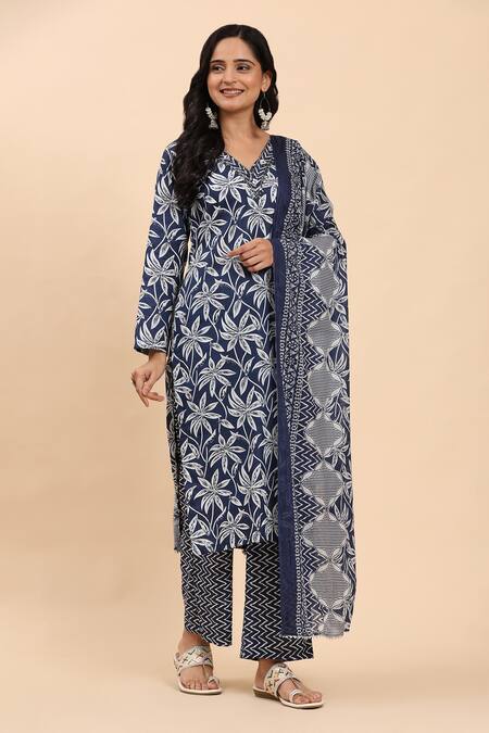 Buy Mamicha Blue Cotton Embroidery, Sequins, Cut Work, Floral Print Kurta Palazzo Set Buy_Mamicha_Blue Cotton Embroidery, Sequins, Cut Work, Floral Print Kurta Palazzo Set