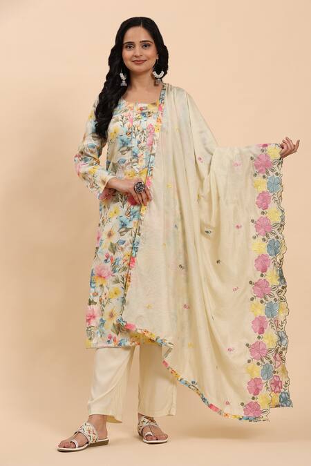 Shop Mamicha Multi Color Cotton Embroidery Round Neck Floral Bloom Kurta Set Online at Aza Fashions Shop_Mamicha_Multi Color Cotton Embroidery Round Neck Floral Bloom Kurta Set_Online_at_Aza_Fashions