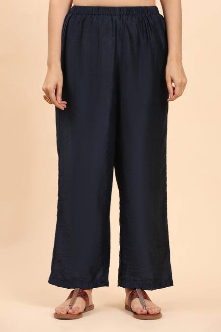 Mamicha_Blue Cotton Zari Round Neck Navy Embroidered Kurta Set _Online_at_Aza_Fashions