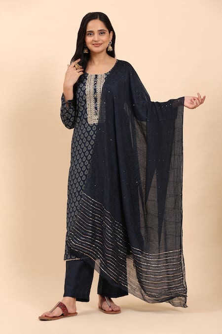 Shop_Mamicha_Blue Cotton Zari Round Neck Navy Embroidered Kurta Set _Online_at_Aza_Fashions