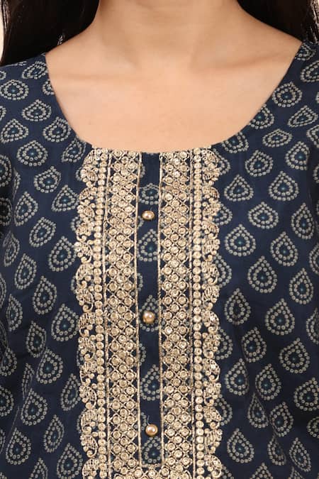 Mamicha_Blue Cotton Zari Round Neck Navy Embroidered Kurta Set _at_Aza_Fashions