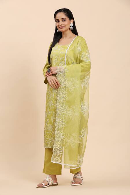 Shop Mamicha Green Cotton, Chiffon Embroidery Round Neck Floral Thread Kurta Set Online at Aza Fashions Shop_Mamicha_Green Cotton, Chiffon Embroidery Round Neck Floral Thread Kurta Set_Online_at_Aza_Fashions