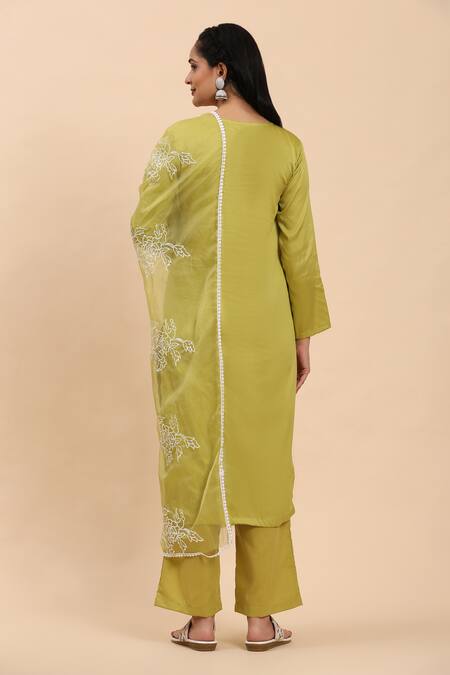 Shop Mamicha Green Cotton, Chiffon Embroidery Round Neck Floral Thread Kurta Set at Aza Fashions Shop_Mamicha_Green Cotton, Chiffon Embroidery Round Neck Floral Thread Kurta Set_at_Aza_Fashions