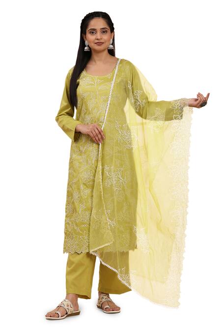 Mamicha Green Cotton, Chiffon Embroidery Round Neck Floral Thread Kurta Set at Aza Fashions Mamicha_Green Cotton, Chiffon Embroidery Round Neck Floral Thread Kurta Set_at_Aza_Fashions