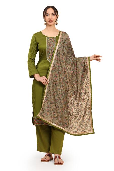 Buy Mamicha Green Cotton Sequins, Embroidery Round Neck Geometric Kurta Set Online at Aza Fashions Buy_Mamicha_Green Cotton Sequins, Embroidery Round Neck Geometric Kurta Set_Online_at_Aza_Fashions