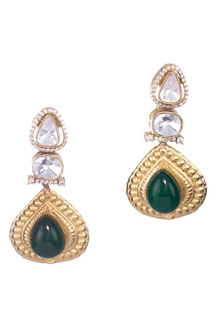 Shop Nayaab By Sonia Gold Plated Diamonds, Stones Polki Emerald Drop Earrings at Aza Fashions Shop_Nayaab By Sonia_Gold Plated Diamonds, Stones Polki Emerald Drop Earrings _at_Aza_Fashions