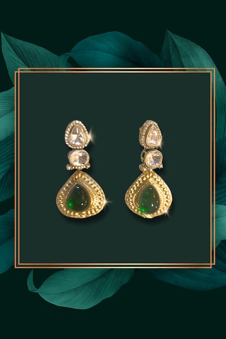 Nayaab By Sonia Gold Plated Diamonds, Stones Polki Emerald Drop Earrings Online at Aza Fashions Nayaab By Sonia_Gold Plated Diamonds, Stones Polki Emerald Drop Earrings _Online_at_Aza_Fashions