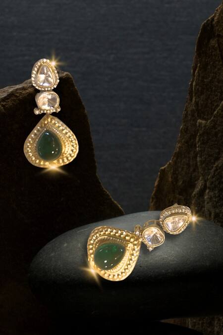 Shop Nayaab By Sonia Gold Plated Diamonds, Stones Polki Emerald Drop Earrings Online at Aza Fashions Shop_Nayaab By Sonia_Gold Plated Diamonds, Stones Polki Emerald Drop Earrings _Online_at_Aza_Fashions